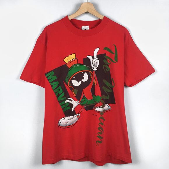 Vintage 1993 Looney Tunes Marvin the Martian Cartoon Graphic T Shirt Red Tee - Picture 1 of 16